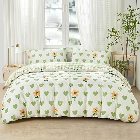 SAPHREAS Heart Duvet Cover Soft Cotton King Green Love Pattern Bedding