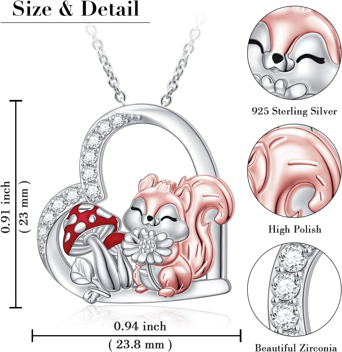 DAOCHONG S925 Sterling Silver Squirrel Mushroom Heart Pendant Necklace for Women Gift Jewelry