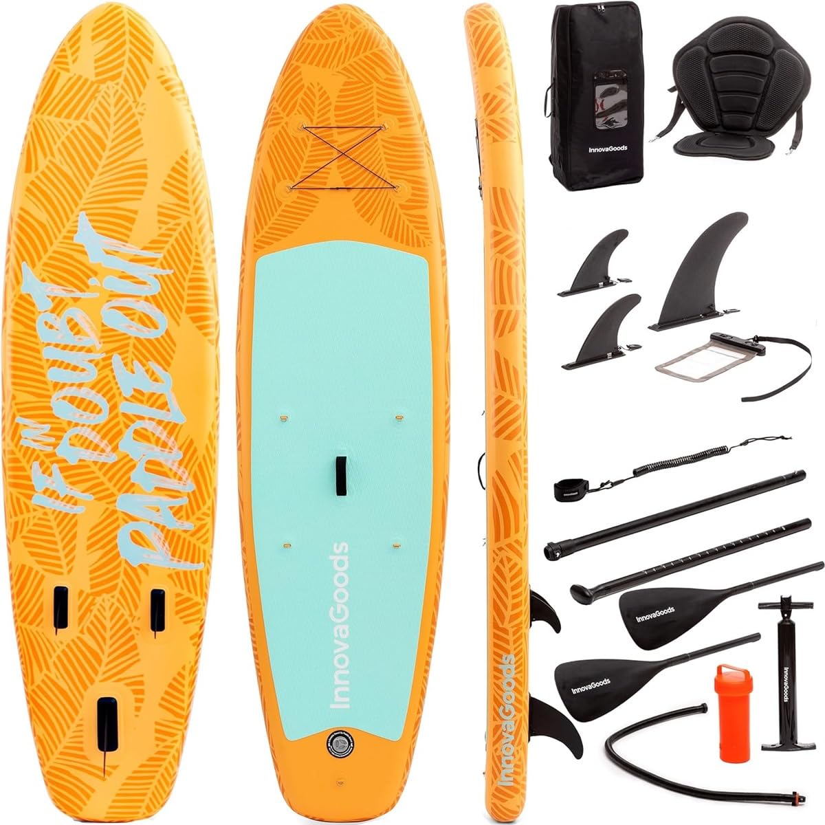 InnovaGoods® Tabla Paddle Surf Hinchable, Paddle Surf 10,5" Superficie Antideslizante, Padel Surf Hinchable con Remo Desmontable, Tabla Paddle Surf con Kit Especial de Accesorios y Silla Desmontable.