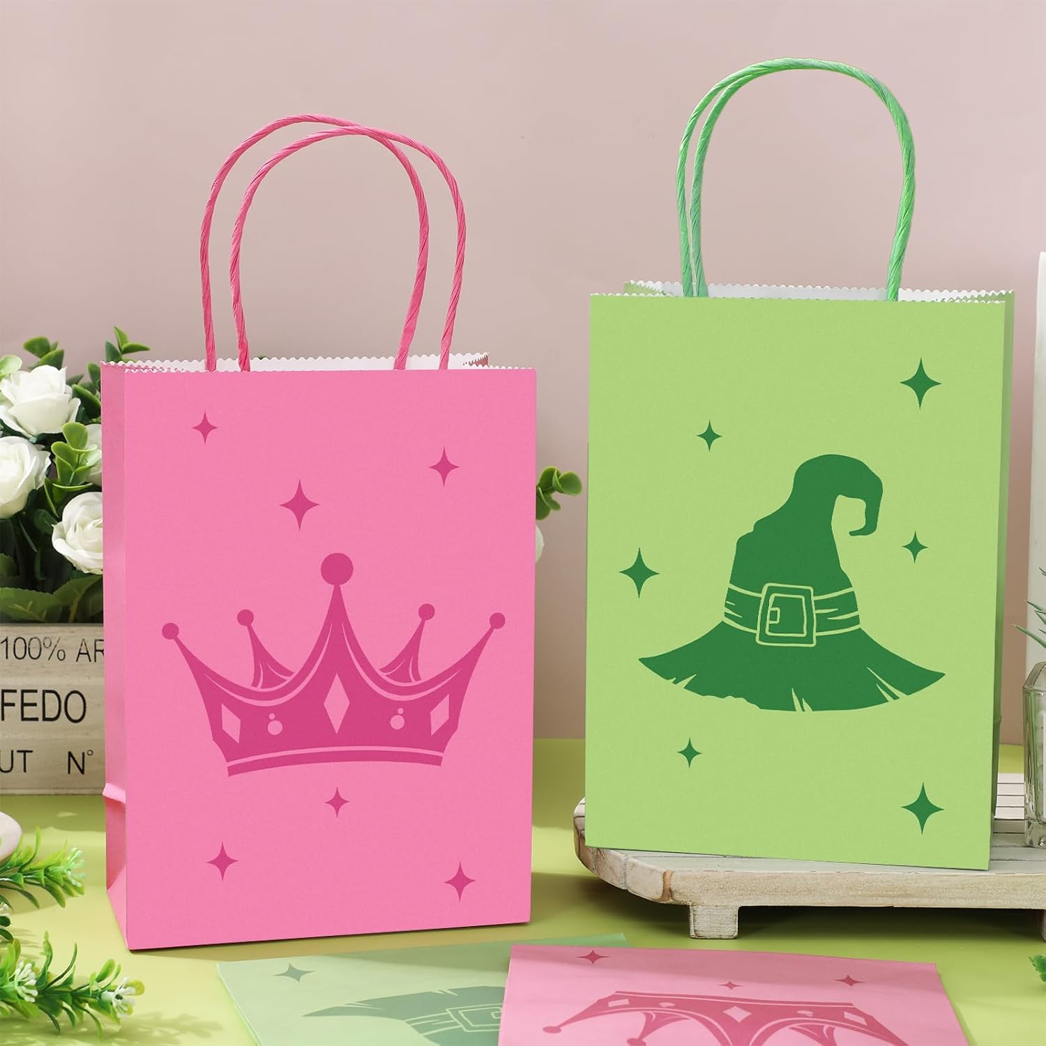FYSUIMU 24Pcs Witch Paper Bag Pink and Green Party Favor Bags Candy Bags with Handle for Halloween Birthday Baby Shower Princess Birthday Favors Supplies - Image 4