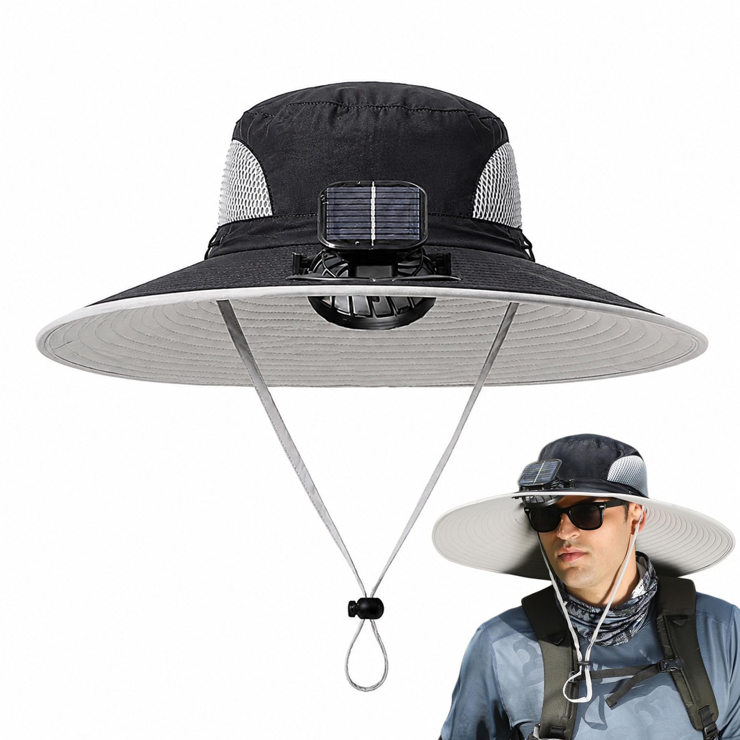 JSMDLN Solar Fan Hat,Wide Brim Sun Hat,Waterproof | Breathable | Adjustable,Fishing Hat Camping A
