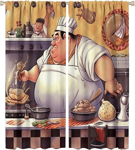 Miniatura 49 de Cortina de decoración de cocina de chef, retro gourmet de dibujos animados, chef gordo de cocina, patrón de comida gourmet, decoración del hogar,