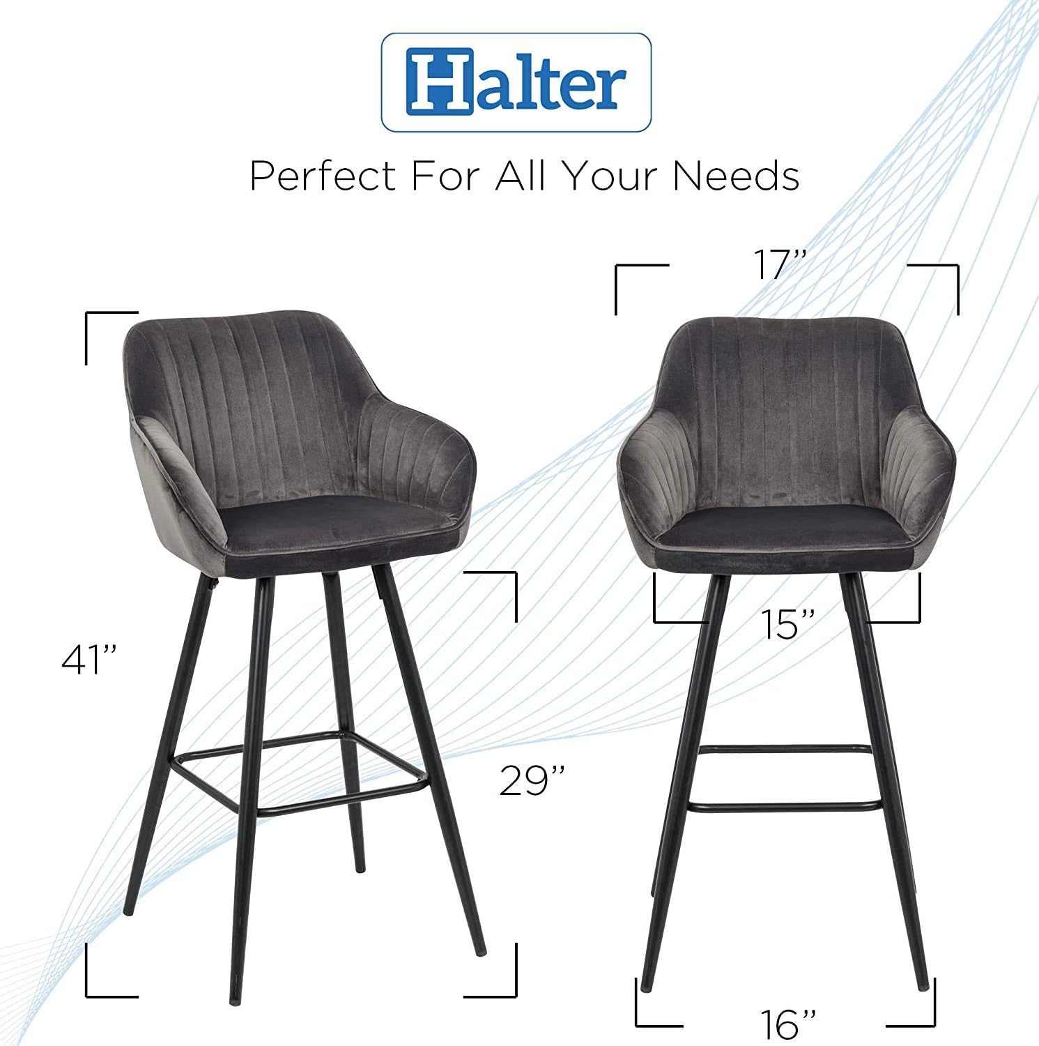 Promo Discount Up To 70% Off Halter Bar Stool with Back Support and Footrest, Upholstered Modern Bar Stools for Kitchen Counter, Plush Grey Fabric and Black Metal Frame, Kitchen Stools for Island or Counter, 40 Inch, (2 Pack).