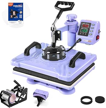 5 in 1 Heat Press Machine 12x15 Purple + Heat Transfer Paper for Dark T Shirts 10 Sheets 8.5x11, Easy to Use for T-Shirts, Hats, Caps, Mugs, Plates, 360 Degree Swing Away Heat Transfer