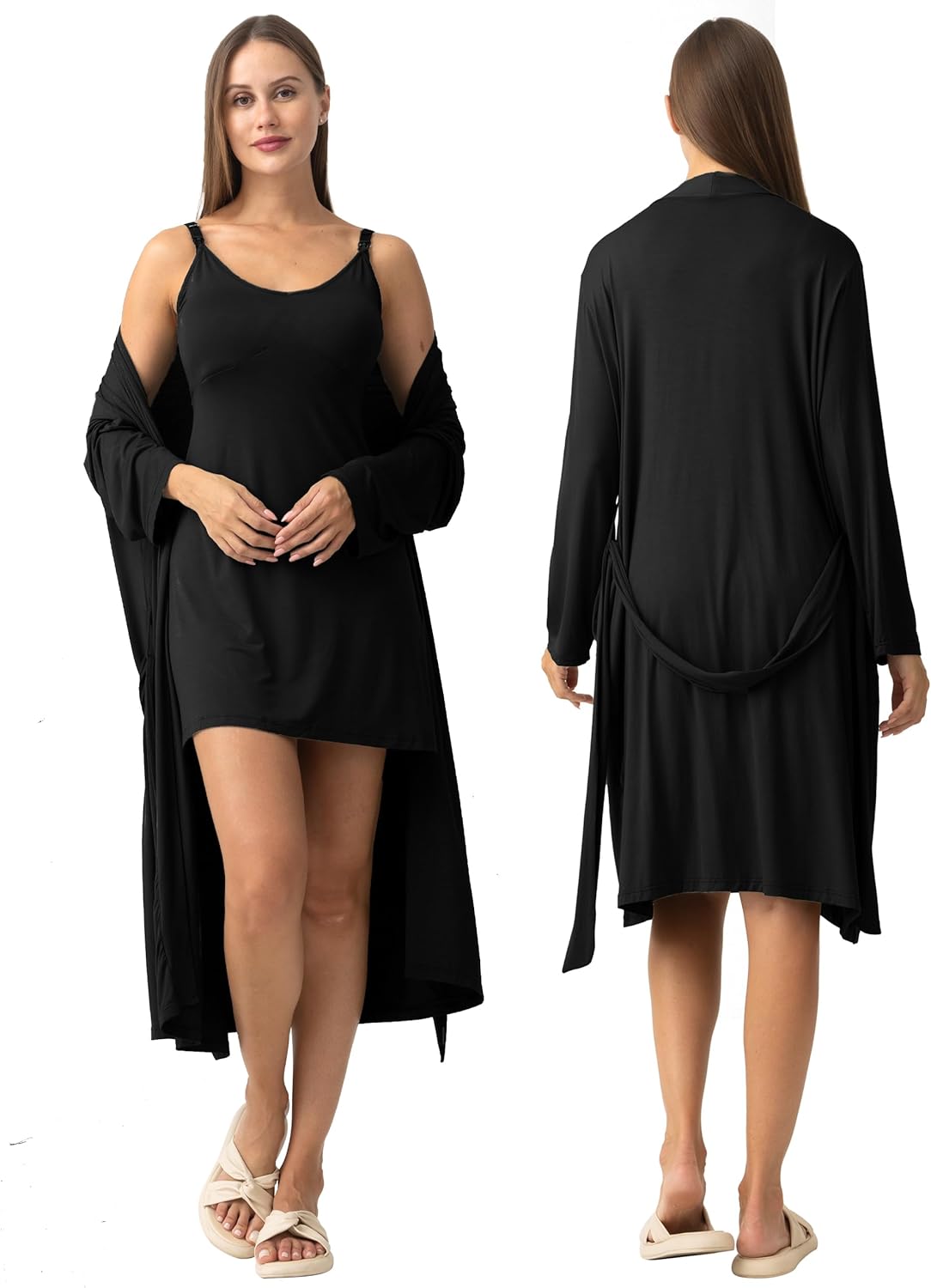 SUNNYBUY Women's Nursing Nightgown Maternity Robe Set, 3 in 1 Labor Delivery Breastfeeding Dress Postpartum Sleepwear
