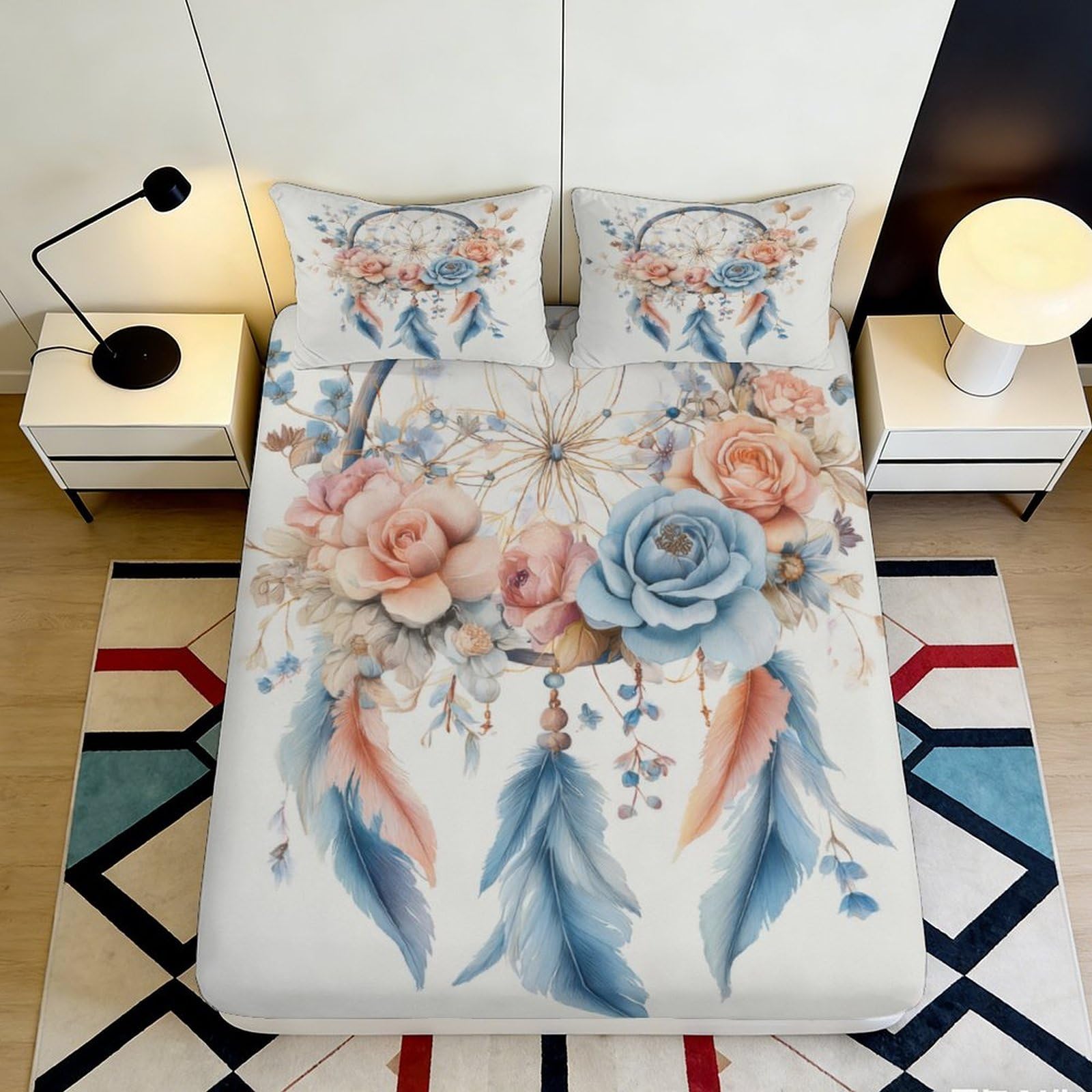 Jqzkxnhpbr Style-1 3D Printed Dreamcatcher Floral Fitted Sheet Microfiber Soft Blue Pink Feather Mattress Cover For Bedroom Guest Room Decor 90X200x25cm