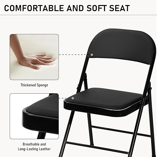 Miniatura 7 de Paquete de 6 sillas plegables negras con cojín acolchado, juego de sillas de comedor, sillas plegables apilables portátiles para interiores y