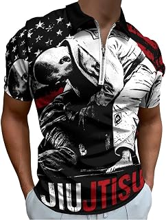 Brazilian Jiu Jitsu US Flag Mens Zip Up Polo Shirts Casual Short Sleeve Golf Collared Shirt Slim Fit Tee Top