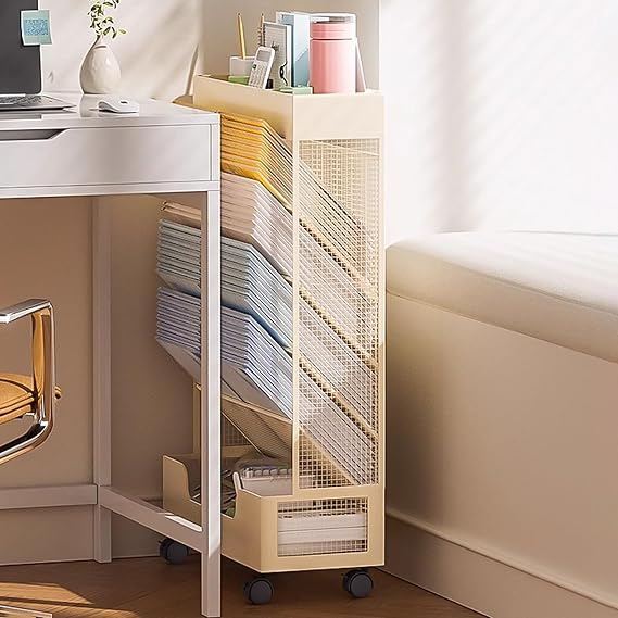 6 Tier Bookshelf Narrow, Small Metal Bookcase with Wheels, Mobile Book Shelf Paper Cart, Book Case Display Shelf for Home Study Office Living Room Classroom, White