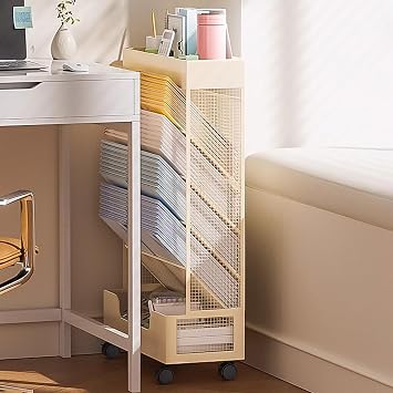 6 Tier Bookshelf Narrow, Small Metal Bookcase with Wheels, Mobile Book Shelf Paper Cart, Book Case Display Shelf for Home Study Office Living Room Classroom, White