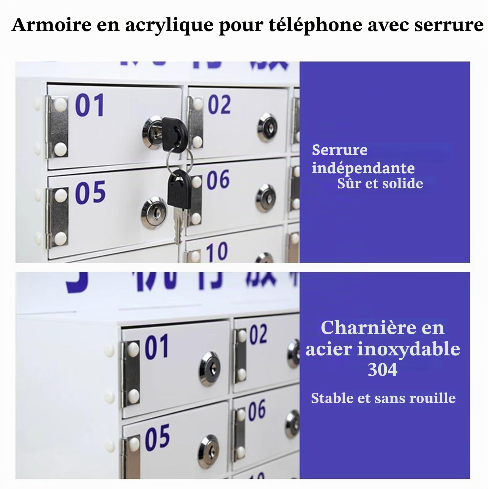 Boîte de Casiers pour Téléphone avec Serrures et Clés - Armoire de Rangement Murale en Acrylique, 15 Compartiments