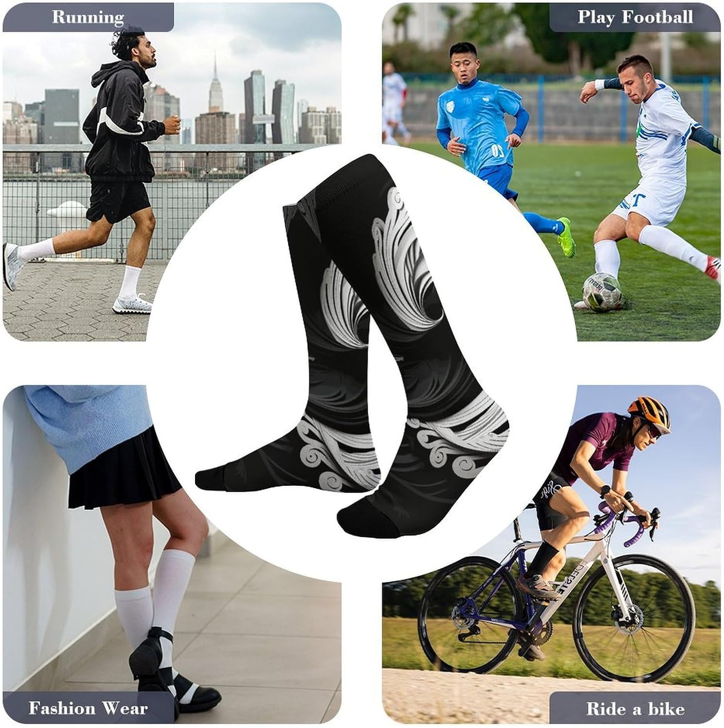 Black White Knee High Soccer Socks Moisture Wicking