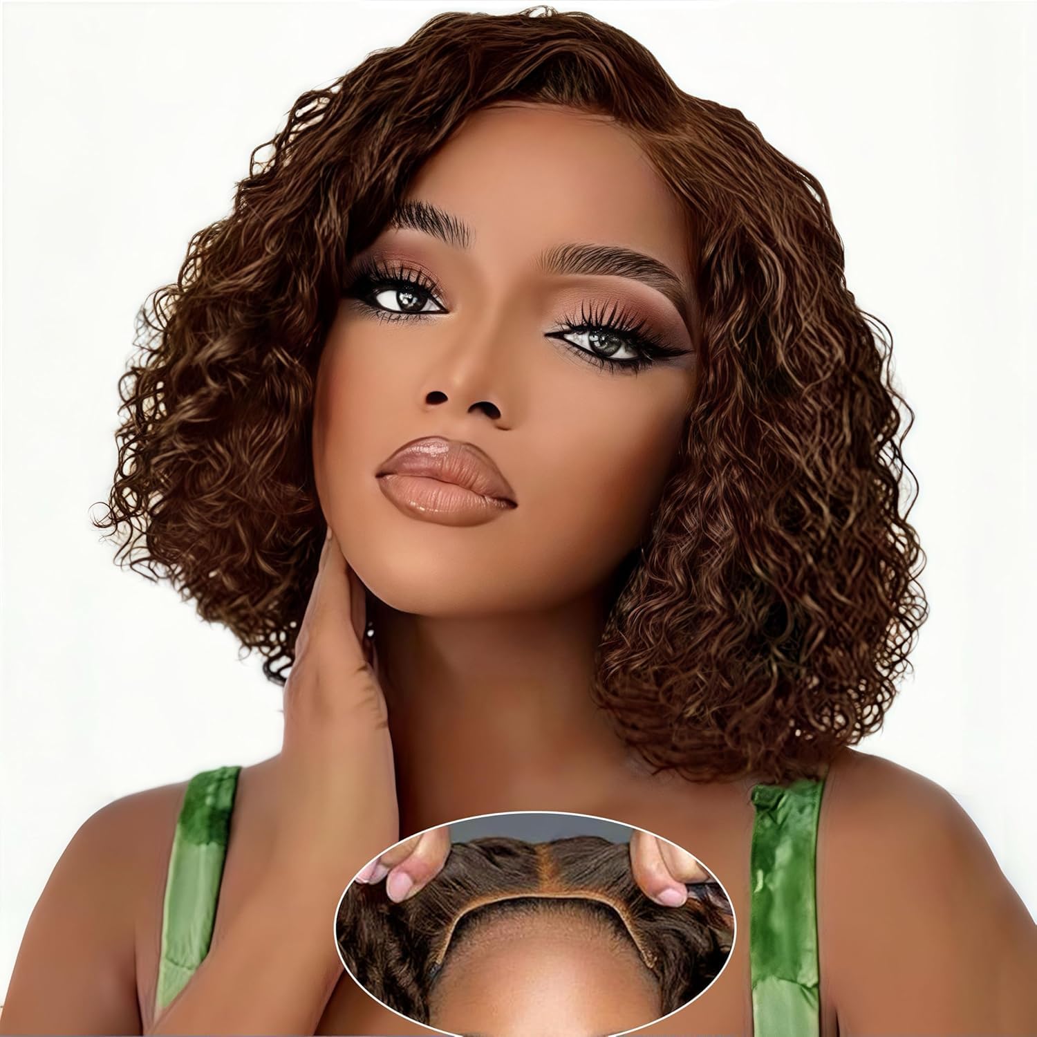 Bob Wig Human Hair Glueless Wigs Human Hair Pre Plucked Pre Cut Water Wave Chocolate Brown Lace Front Wig for Women Curly Wig Human Hair Wear and Go Colored #4 Pre Plucked HD Lace 10Inch