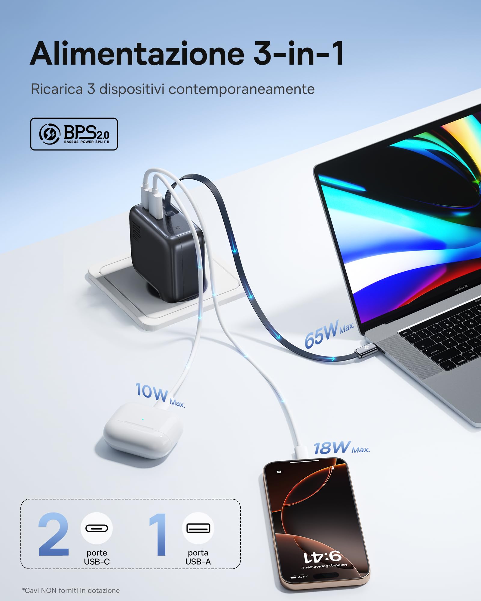 Baseus Enercore Caricatore USB C Da 100 W Con Cavo Estraibile, 3 Porte GaN, Caricatore Rapido PD Compatibile Con MacBook Pro Air, Dell, HP, iPad, iPhone 17/16/15/14 Pro Max Plus, Galaxy S25-S20 Ultra