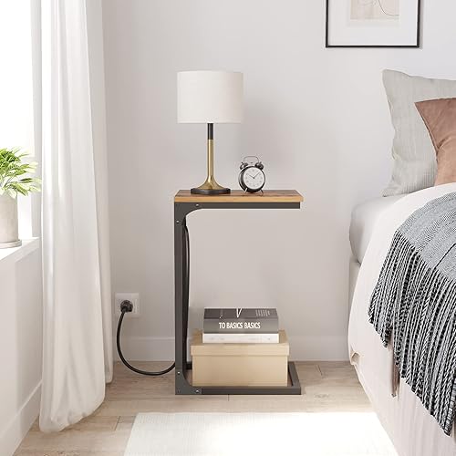 Vista 5 de TUTOTAK C Shaped End Table with Charging Station, Side Table for Sofa, Couch Table with Storage Bag, TV Tray with 2 USB Ports and Outlets for Living