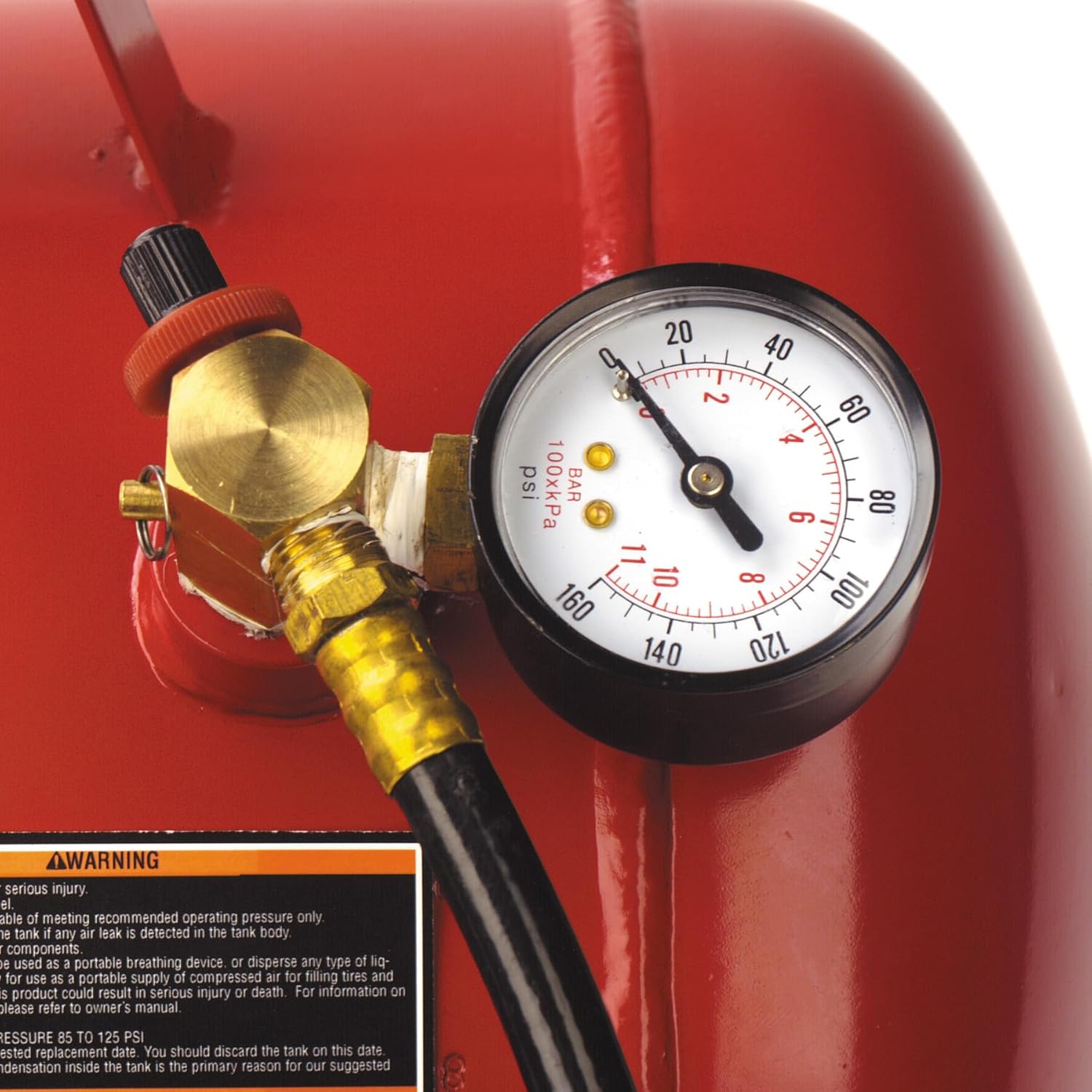 Close-up of Powerbuilt Air Tank Pressure Gauge and Valve