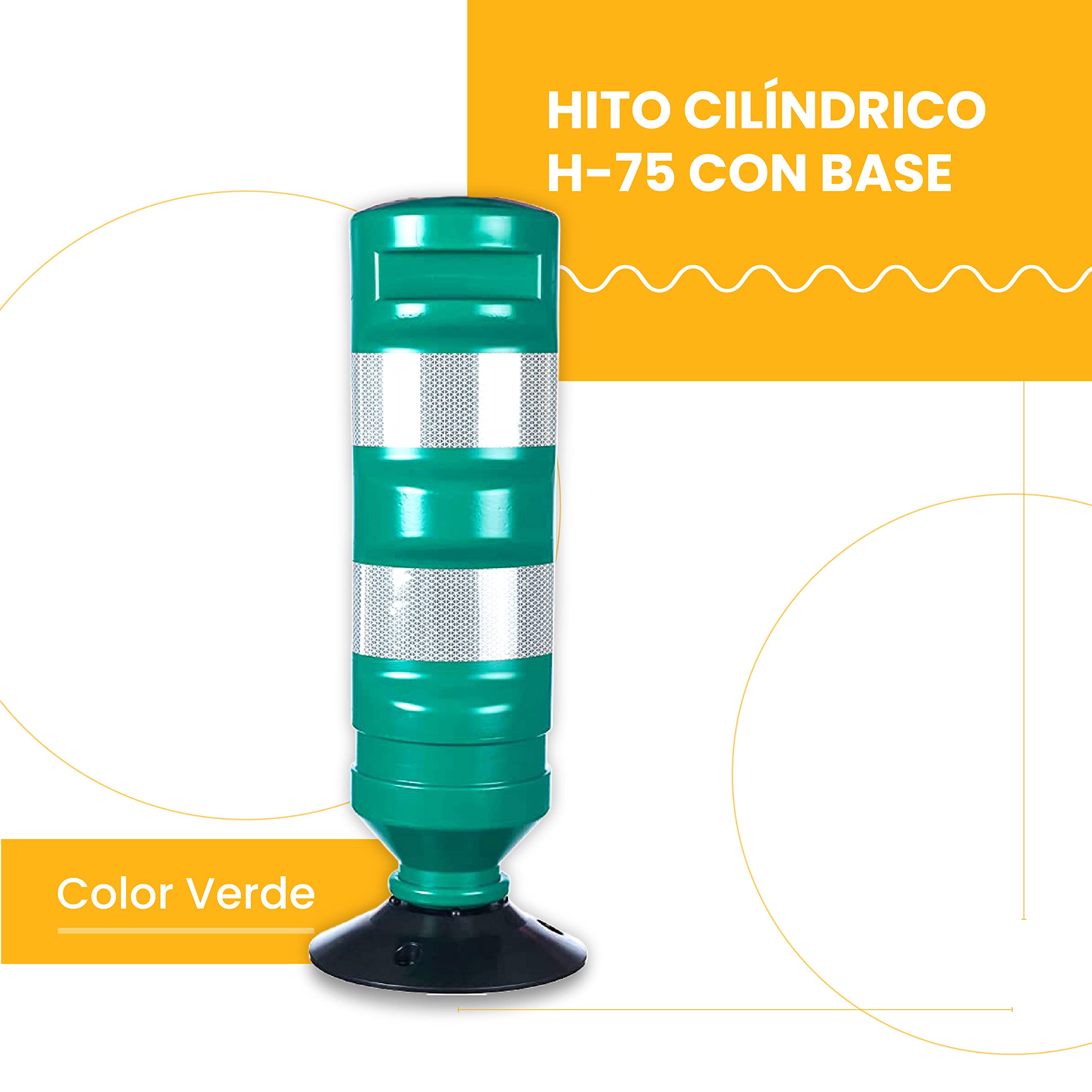 PARKING FACIL | Hito Cilíndrico H-75 con Base en Color Verde con Bandas Reflectantes | Elemento de Seguridad Vial para Carreteras, Parking, Garajes | Tornillería Incluida | Tamaño: 75 cm |