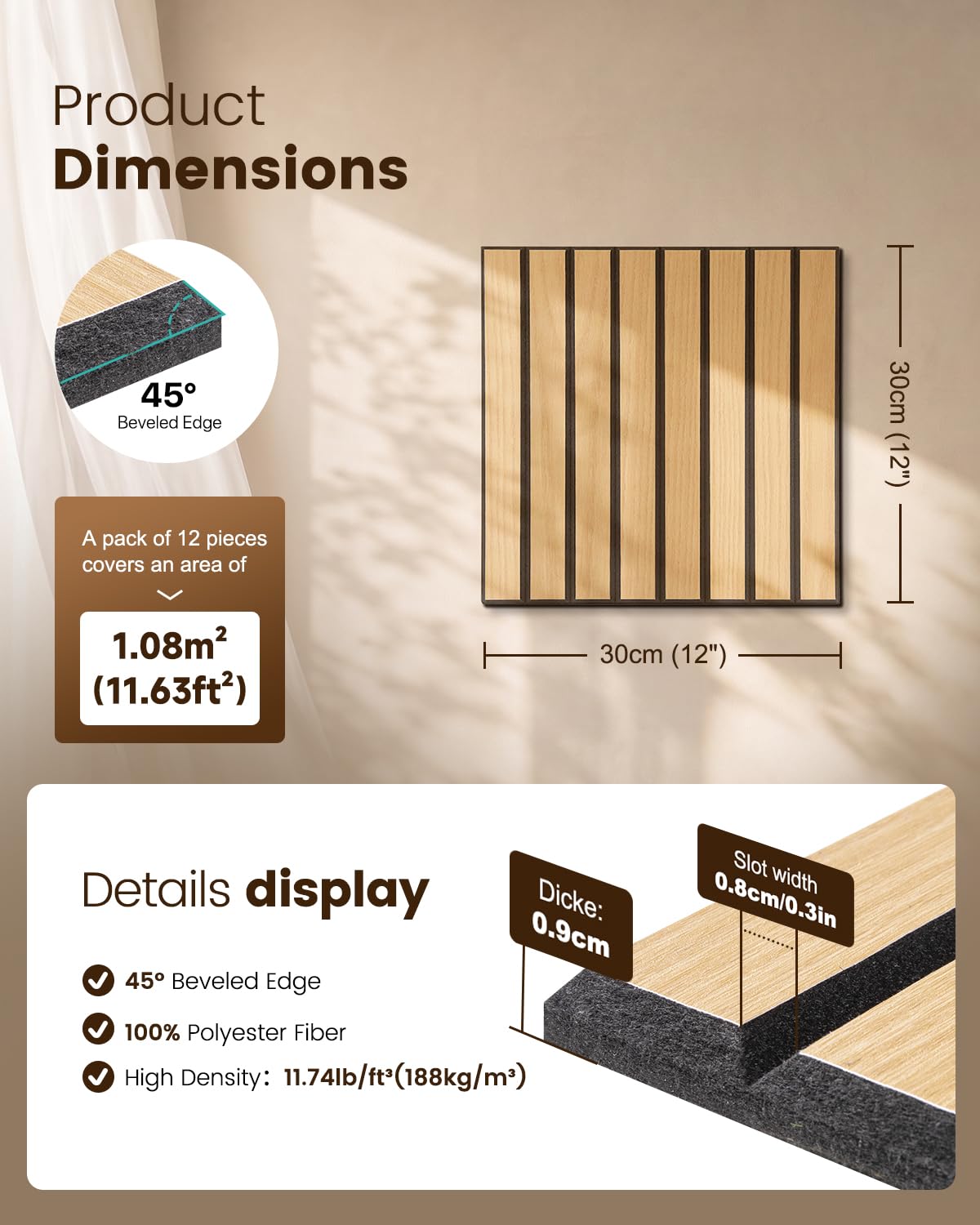 Soundsbay Panele akustyczne samoprzylepne 1,08㎡-12 sztuk 30 x 30 x 0,9 cm