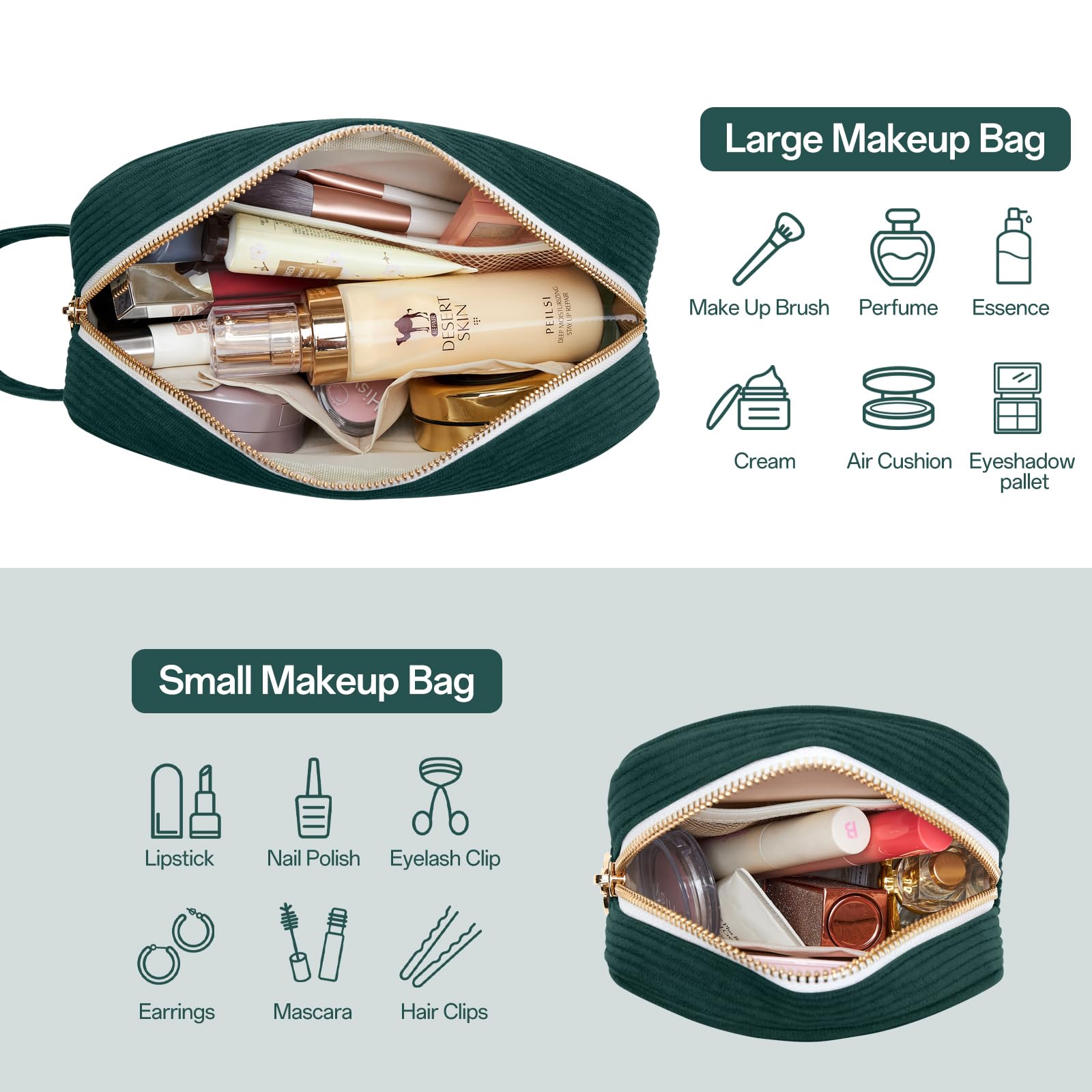 KALIDI Makeup Bag for Women Corduroy Make Up Pouch with Metal Ring Zipper Portable Cosmetic Organizer Travel Toiletry Make-up Bag for Handbags - Image 4