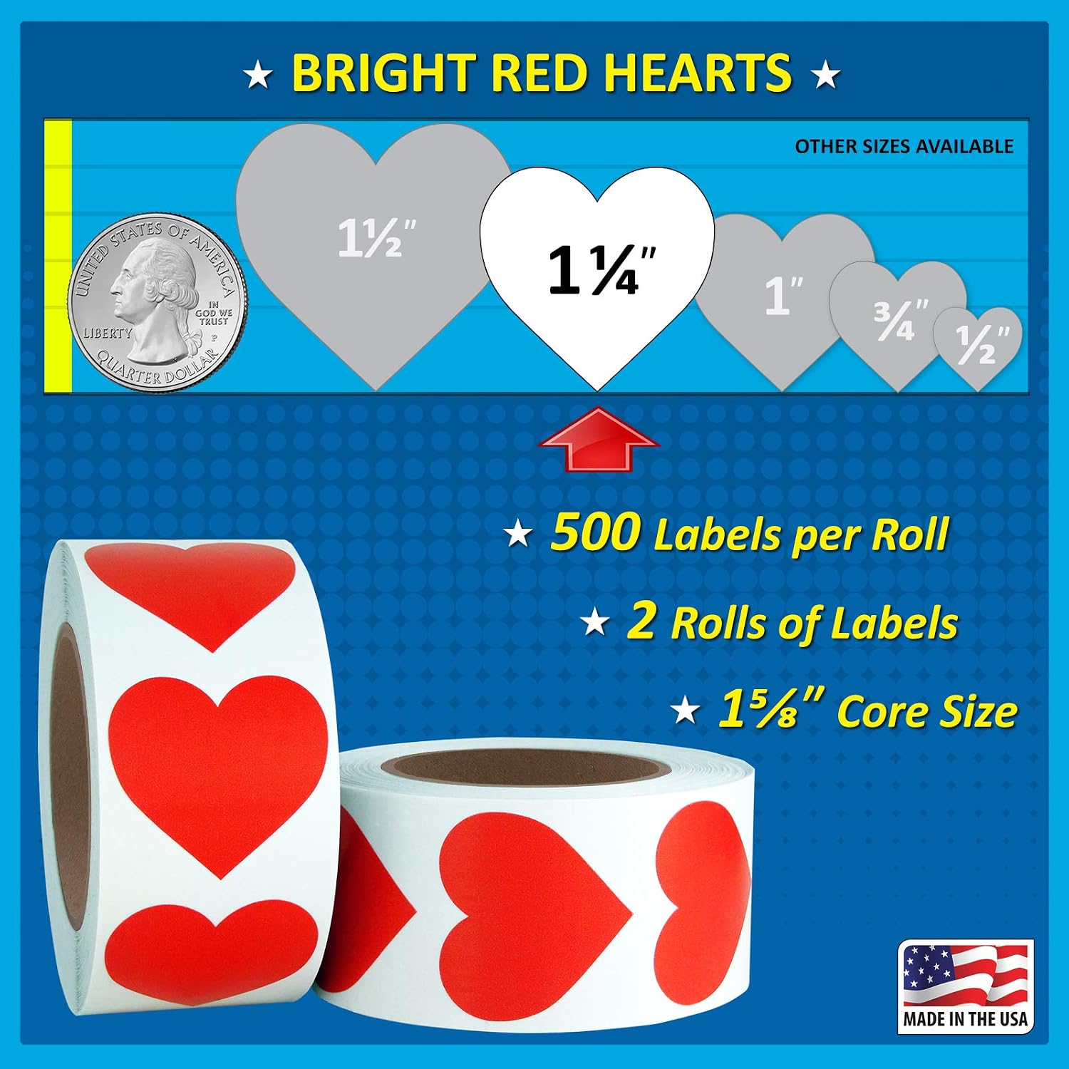 Red Heart Shaped Sticker Labels, 1 1/4" Diameter, 500 per Roll, 2 Rolls per Package, 1.25 inch