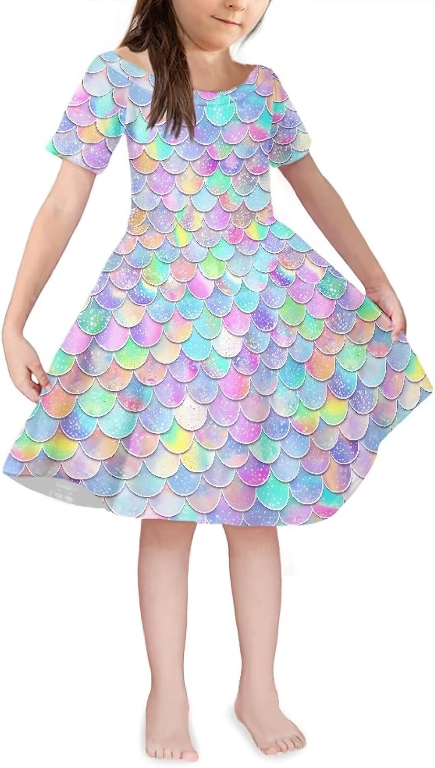 Biyejit Girls Dress Basic Short Sleeve A Line Swing Skater Twirl School Party Dress for 3-14Y