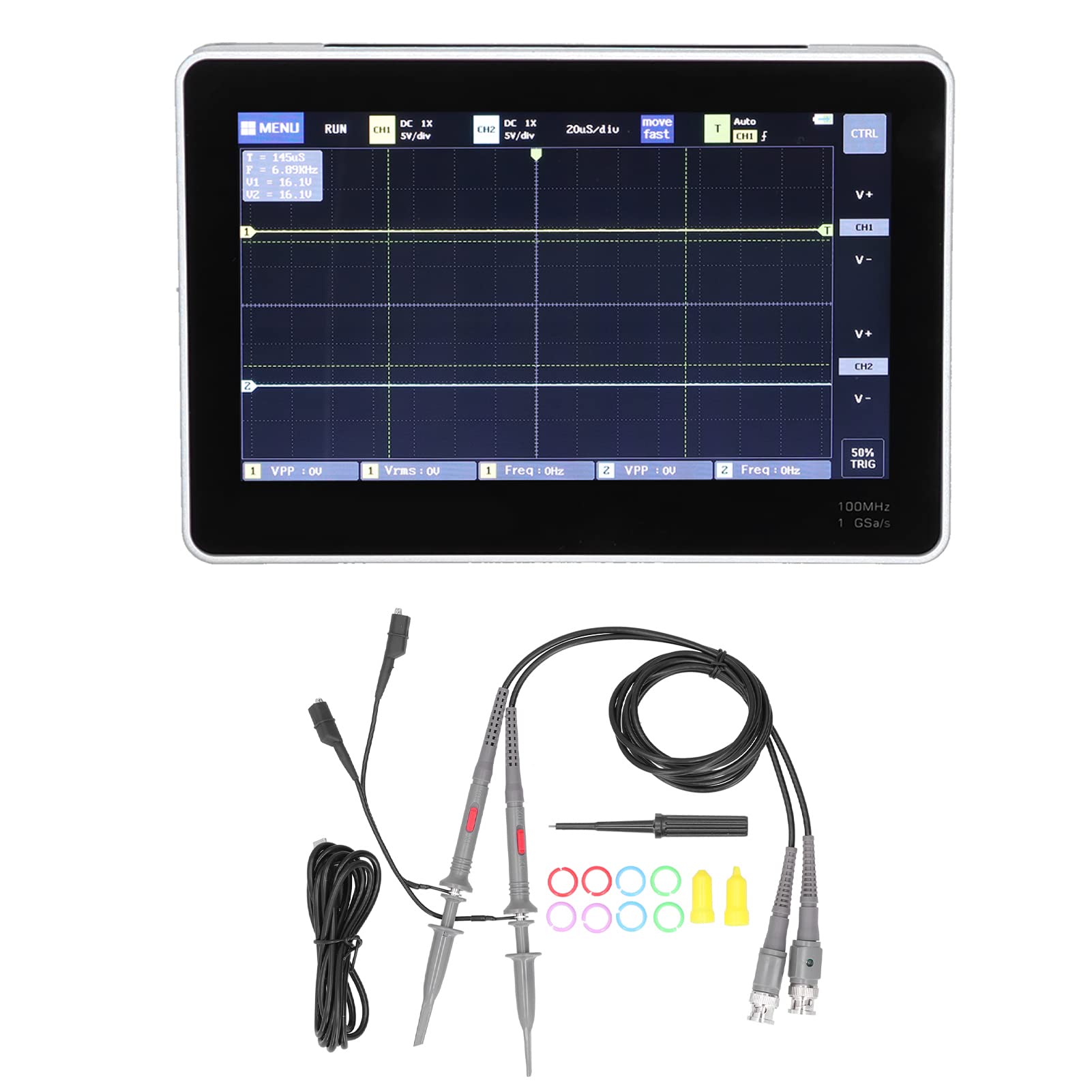 Osciloscopios Digitales Osciloscopio con Pantalla Táctil USB de 2 Canales 100MHz 1GSa por S con 7 Pulgadas TFT LCD 6000mAh FFT Almacenamiento para Asistencia Remota Pruebas Electrónicas