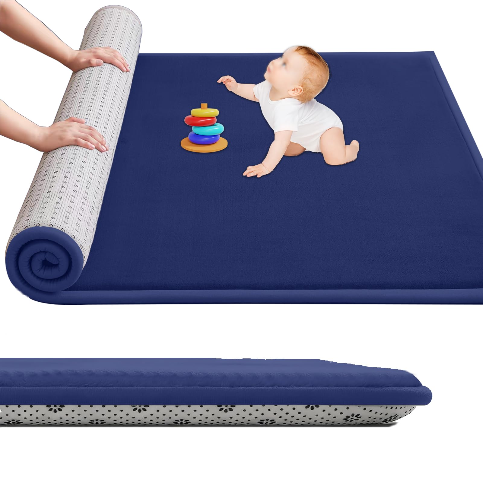 Large Nursery Carpets, Memory Foam Play Mat for Baby Non-Slip 3CM Thick 150 x 160 cm Children's Play Mat for Crawling Soft Play Tummy Time, Area Rug Playmat for Floor Living Room Tatami Dark Blue
