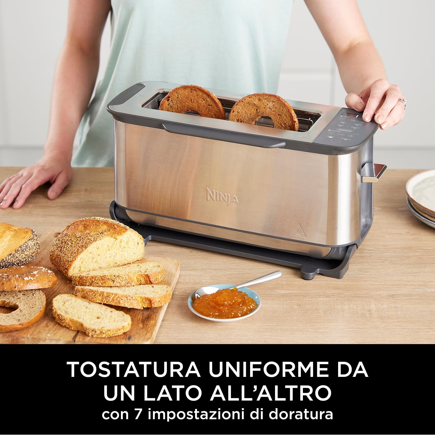 Ninja Foodi 3-in-1 Tostapane, con Griglia e Pressa per Panini, 7 Funzioni di Cottura, 7 Livelli di Tostatura, Include Teglia e Vassoio Raccogli Briciole, Acciaio Inox ST202EU