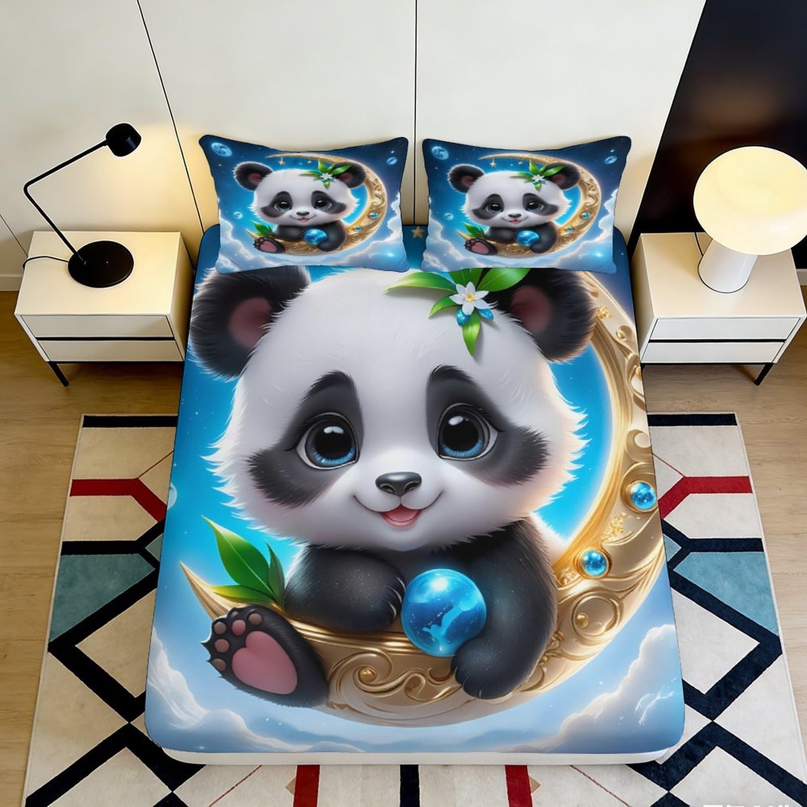 3D Printed Cute Panda Fitted Sheet, Microfiber Soft Touch, Wrinkle Resistant, Non-Slip Protection, Perfect for Bedroom Decor or Guest Room, Easy Care 200x200x25cm