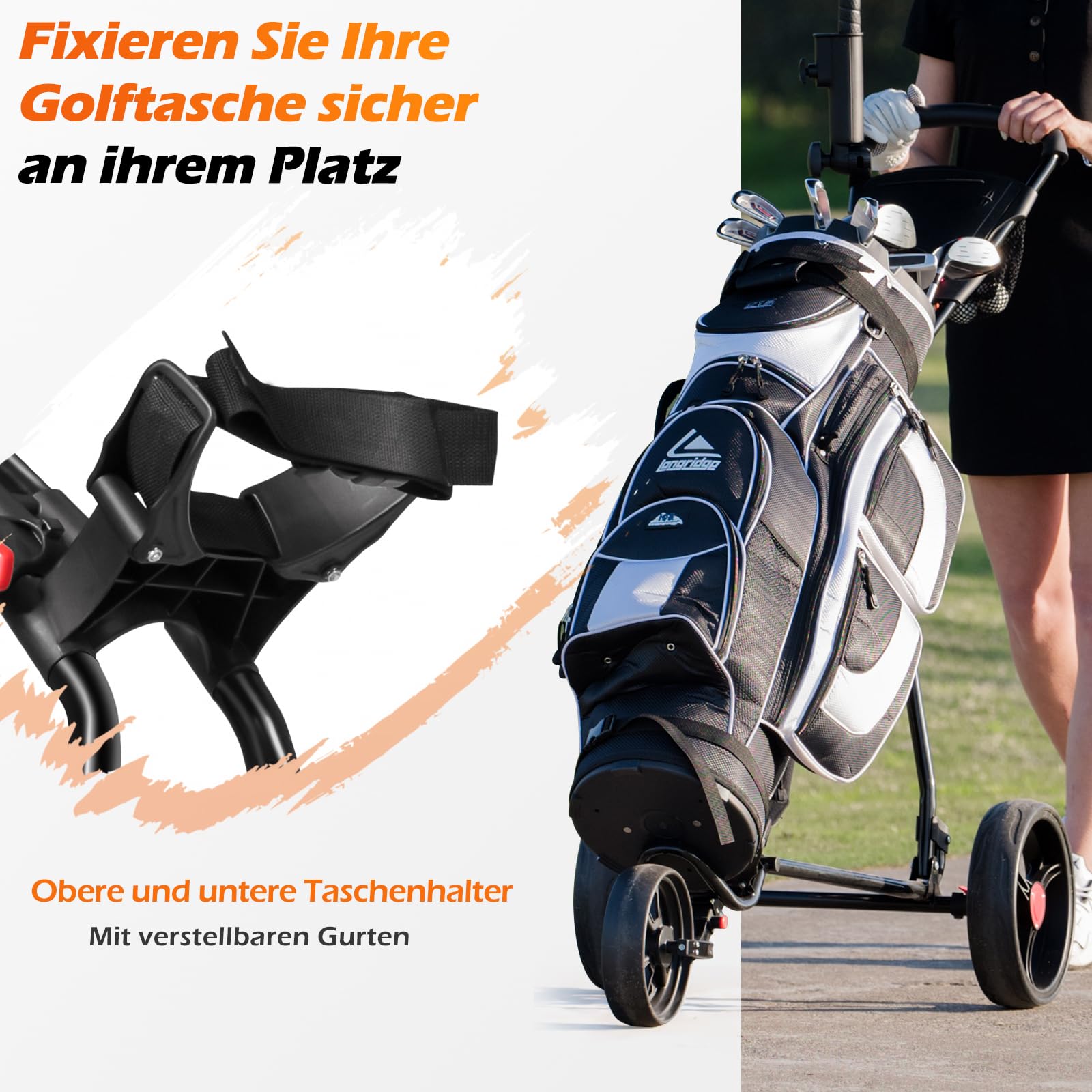 GYMAX Golftrolley faltbar, Golfwagen 3 Rad mit Scorekartenhalter, Getränkehalter & Regenschirmhalter, Golf Push Cart mit verstellbarem Griff aus Eisen, Schwarz
