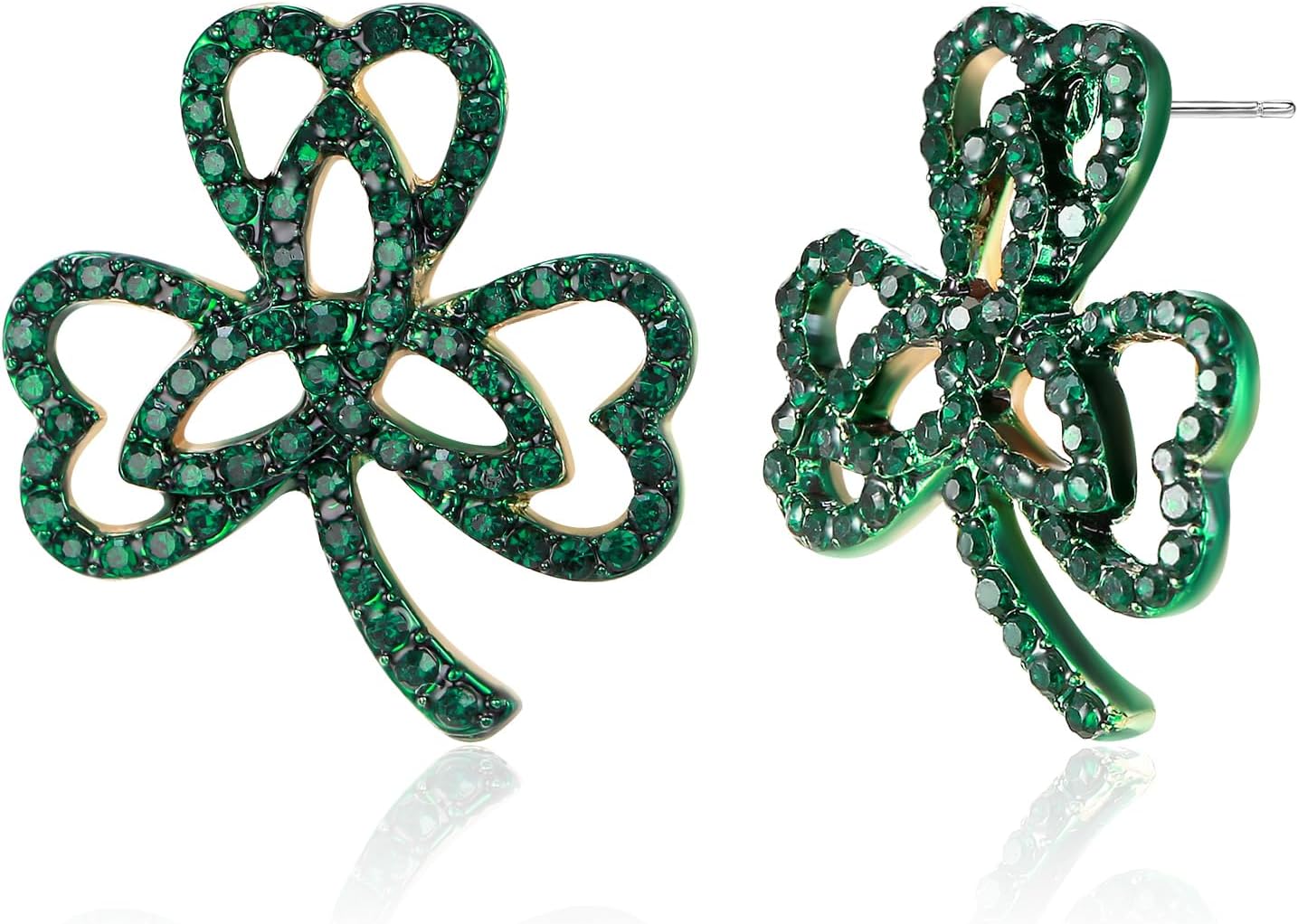 St. Patrick's Day Lucky Three Leaf Clover Stud Earring, Heart-Shaped Crystal Green Celtic Knot Earring Irish Holiday Jewelry Gift for Women