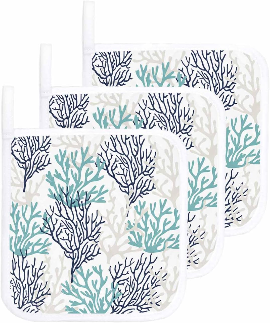 Teal Blue Grey Coral Coastal Pot Holders for Kitchen Heat Insulation, Summer Beach Potholders Hot Pads with Hanging Loop, Sea Nautical Washable Oven Mitts Pot Holder Trivet for Cooking Baking 3 Pack