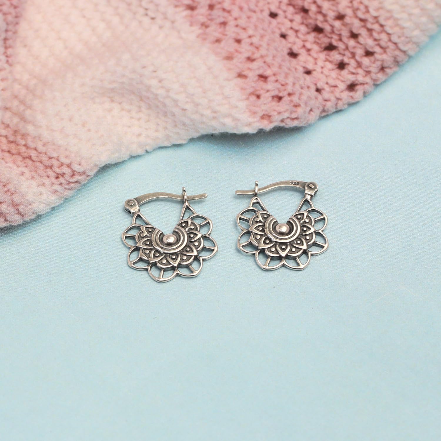 LeCalla 925 Sterling Silver Hoop Earrings for Women | Antique Oxidized Beaded Hoop Earrings | Vintage Balinese Beaded Click Top Hoops Earring | Lightweight Oxidized Bali Hoop Earring Jewelry