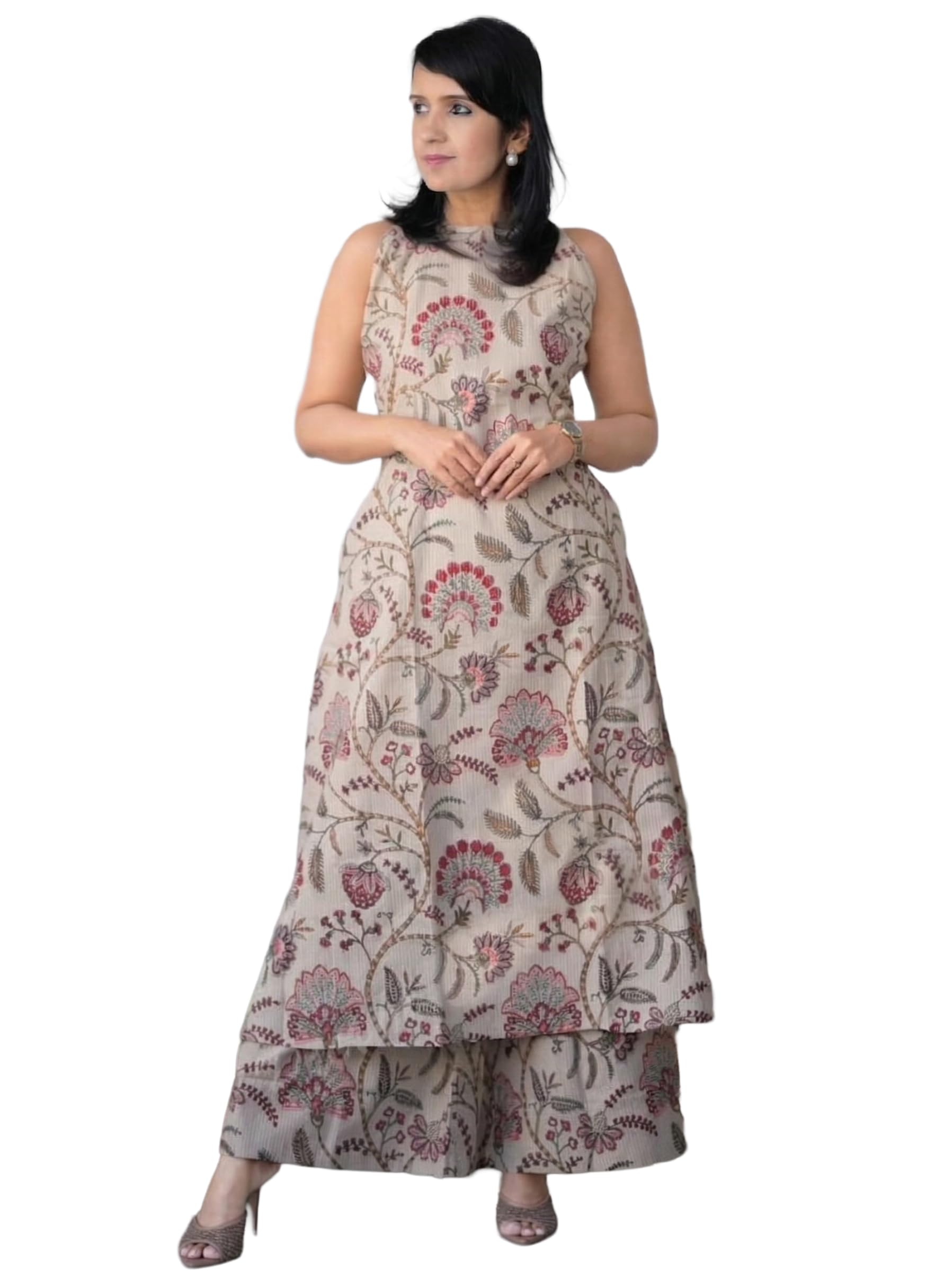gosriki Kurta Set for Women Viscose Printed | Kurti Set for Woman | Kurta Palazzo 2 Piece Outfit | Band Collar Sleeveless Regular Fit Ethnic Dress Stylish Clothing-picture-11