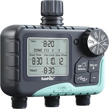 RAINPOINT Water Timer 3 Outlets, Automatic prinkler Timer with Rain Delay/Manual Watering/large LCD display, Garden Smart Irrigation Time for Yard, Lawn