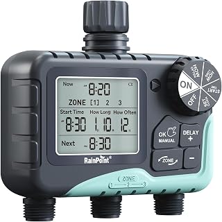 RAINPOINT Bewässerungscomputer 3 Ausgänge, Großes LCD-Display Garten Bewässerungsuhr, Automatische Bewässerung Zeitschaltuhr mit Regenverzögertem/Manuellem/Automatischem Modus für Garten Rasen
