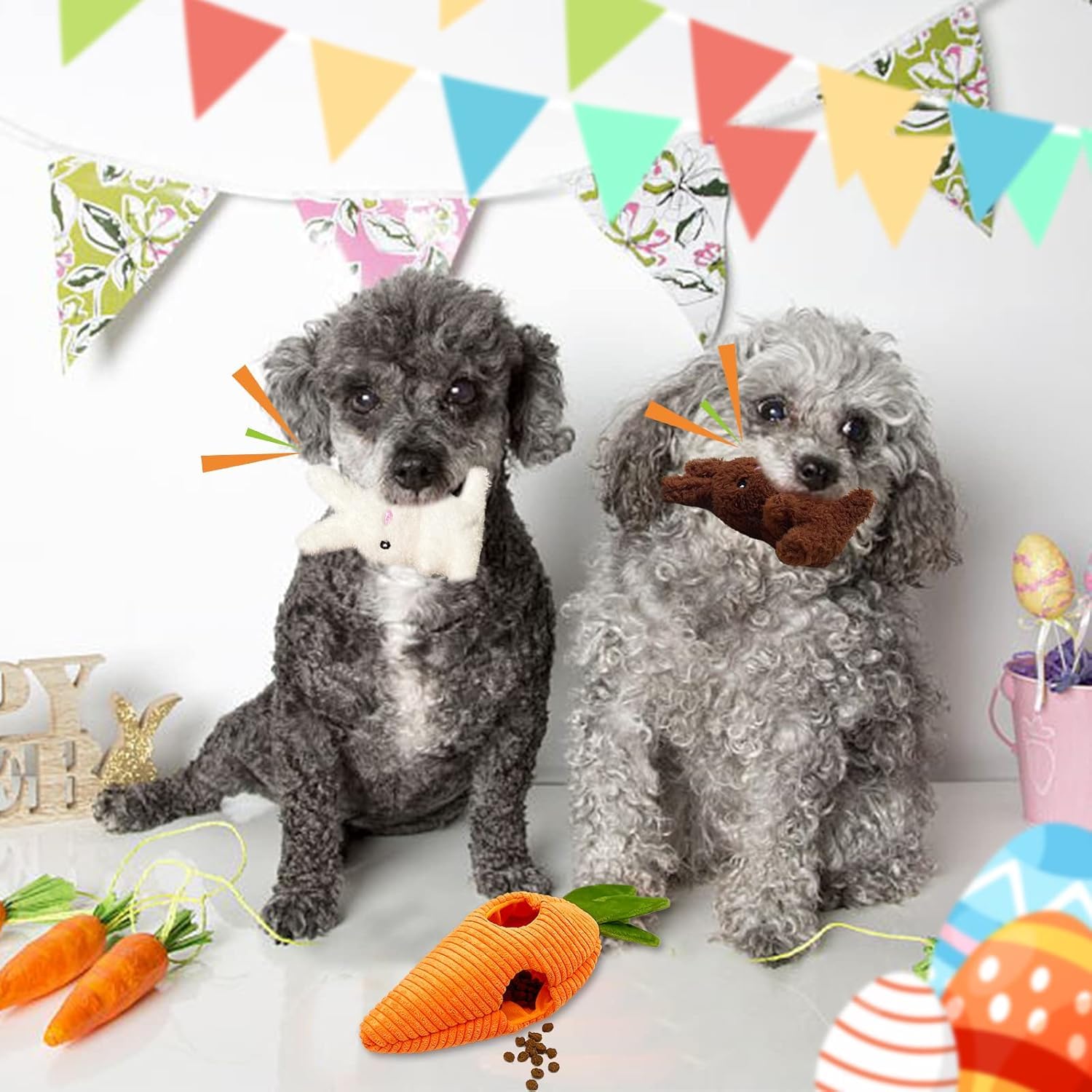 Oster-Hundespielzeug, Karotte verstecken und suchen Hundespielzeug mit 2 quietschenden Hasen, Plüsch-Hundespielzeug, Oster-Quietschgeschenke für kleine und mittelgroße Hunde