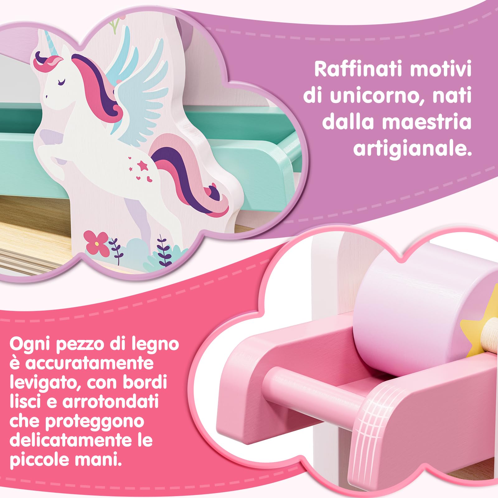 Lehoo Castle Giocattoli Montessori 1 Anno, Rampa in Legno Unicorno per Bambina, Pista con 4 Roller, Gioco Educativo in Legno, Regalo Bambina 1 2 Anni