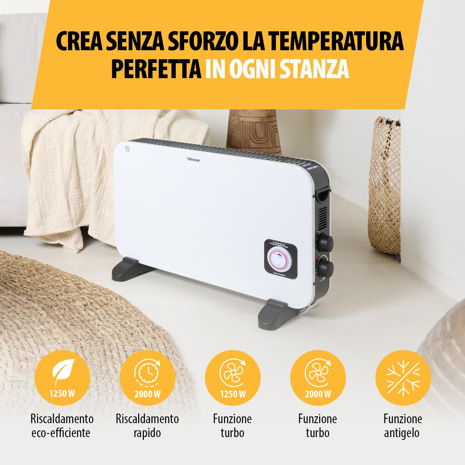 Tristar Termoconvettore KA-5816, 2000 watt, Modalità turbo, Timer, Bianco