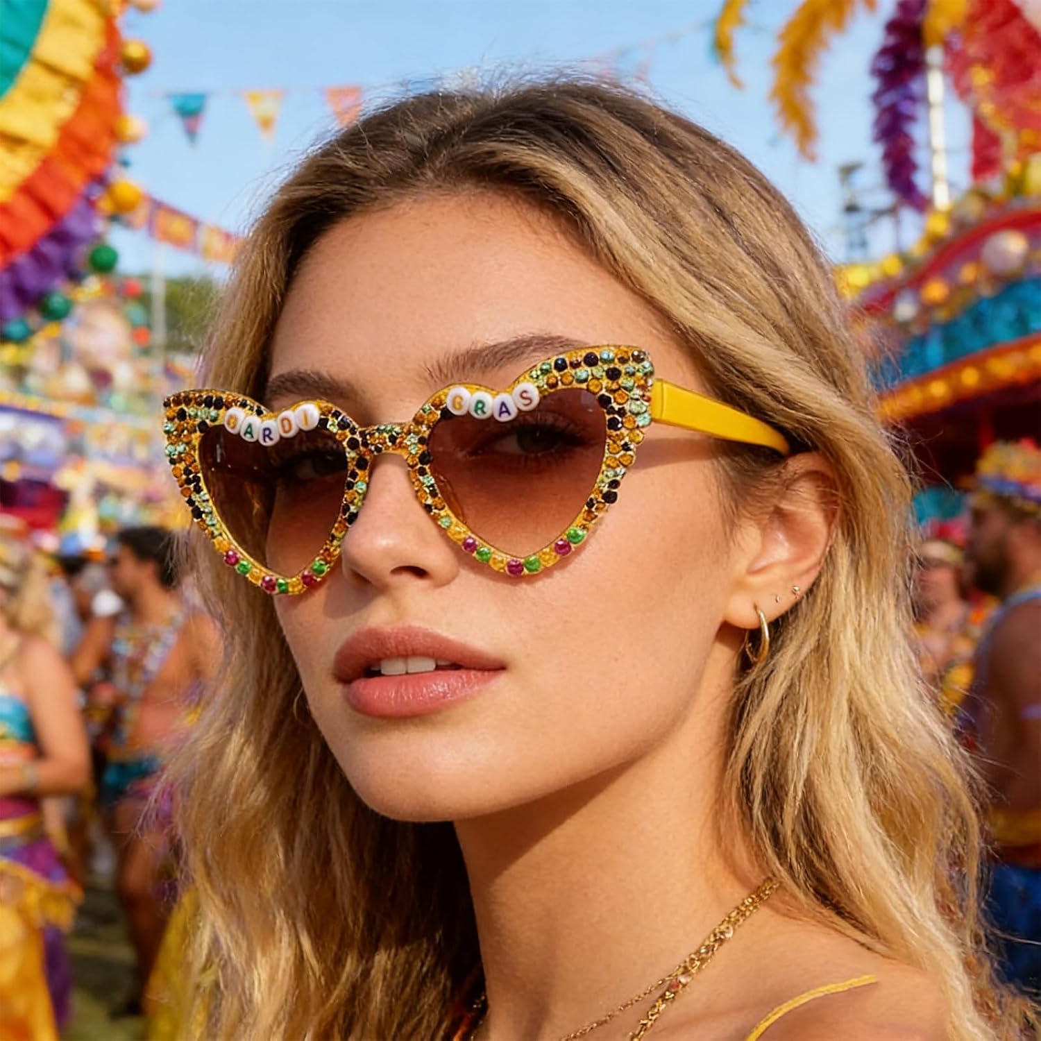 3 PCS Carnival Sunglasses for Women,Purple Yellow Black Beads Heart Sunglasses,Heart Shaped Glasses for Carnival Outfit Accessory Party Decorations,Carnival Party Favors