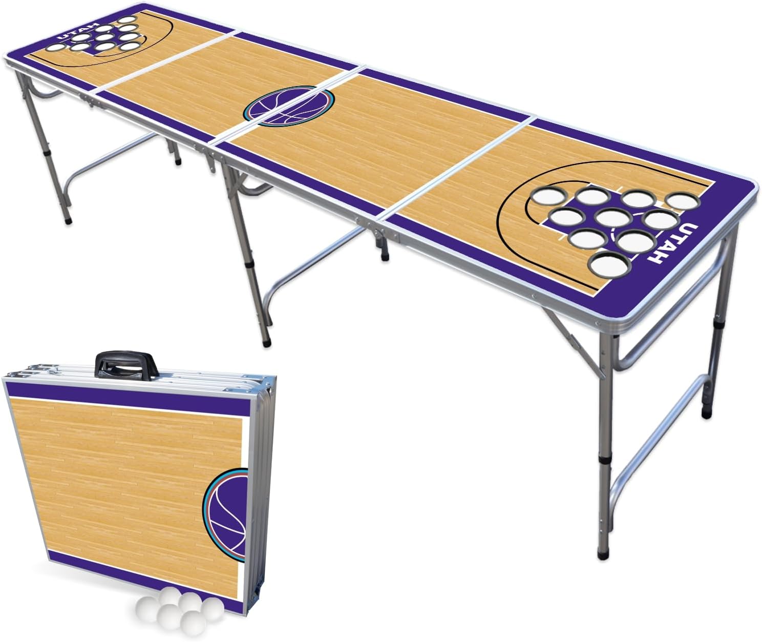 8-Foot Folding Portable Pong Table w/Optional Cup Holes & LED Lights - Utah Basketball Court (Choose Your Model)