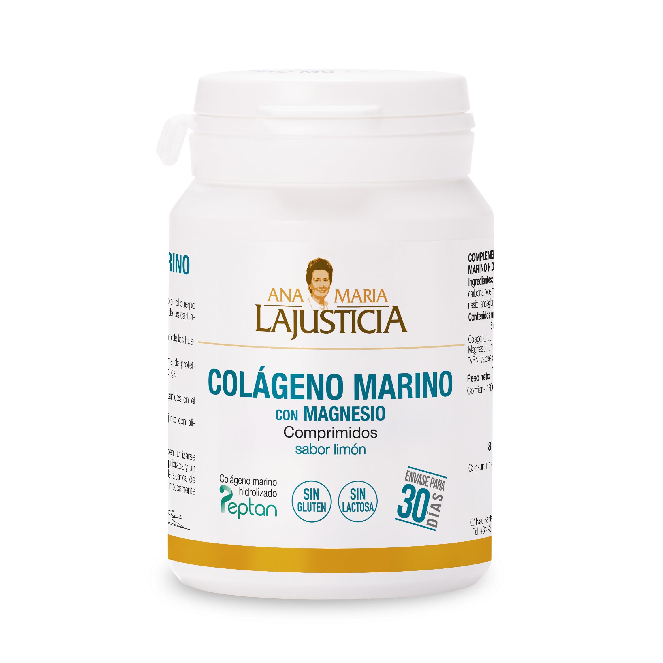 Ana Maria Lajusticia - Colágeno marino con magnesio – 180 comp (sabor limón). Articulaciones fuertes y piel tersa. Regenerador de tejidos con colágeno hidrolizado tipo 1 y 2. Envase para 30 días.