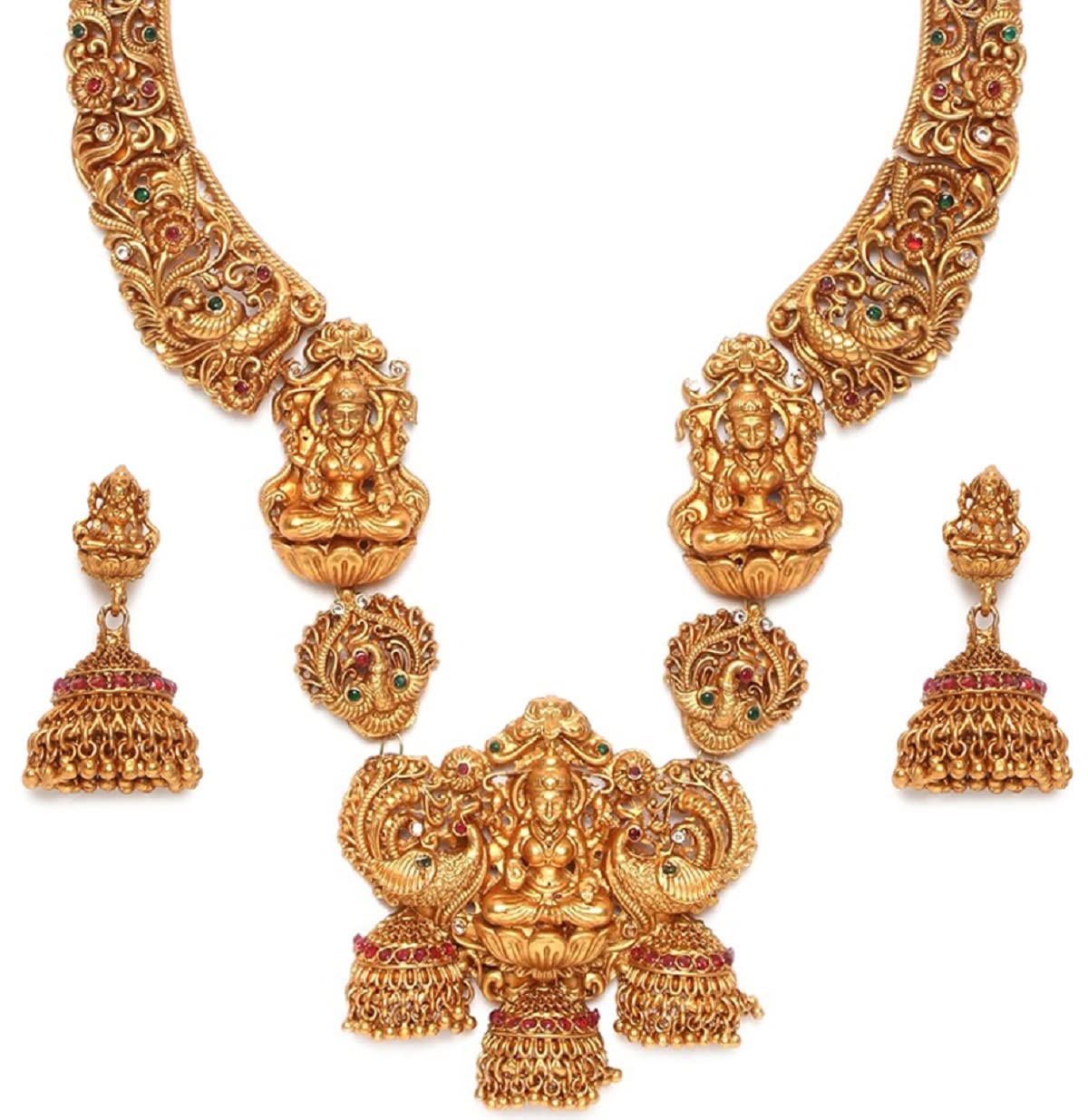 fabula Jewellery Antique Gold Tone Red & Green Stone Traditional Ethnic Temple Jewellery Long Necklace Set with Jhumka Earrings For Women & Girls (NETO14_AMR2) (B0BYVVNKYM) Amazon Price History, Amazon Price Tracker