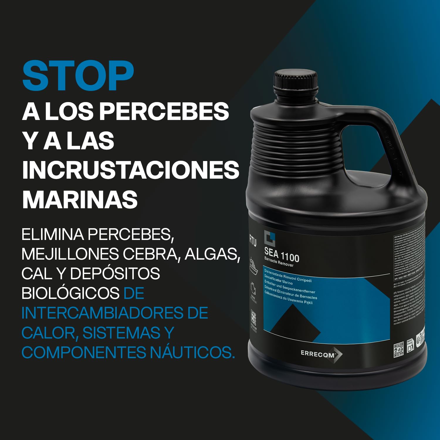 ERRECOM SEA 1100 Descalcificador Marino Concentrado – Elimina Incrustaciones Marinas, Cal, Algas y Mejillones Cebra de Intercambiadores de Calor, Motores Marinos, Tomas de Mar, Bombas y Cascos, 5 L | Desincrustante para eliminar los círculos