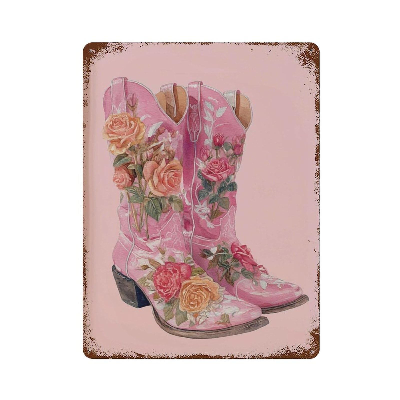 xiaoxiaoshen Floral Cowgirl Boots – Pink Western Country Girl Rodeo Aesthetic Boho Bedroom Or Wall Decor Art Metal Tin Poster Modern Home Decor Art Home Bar Shop Decorations Vintage Sign 40x30cm