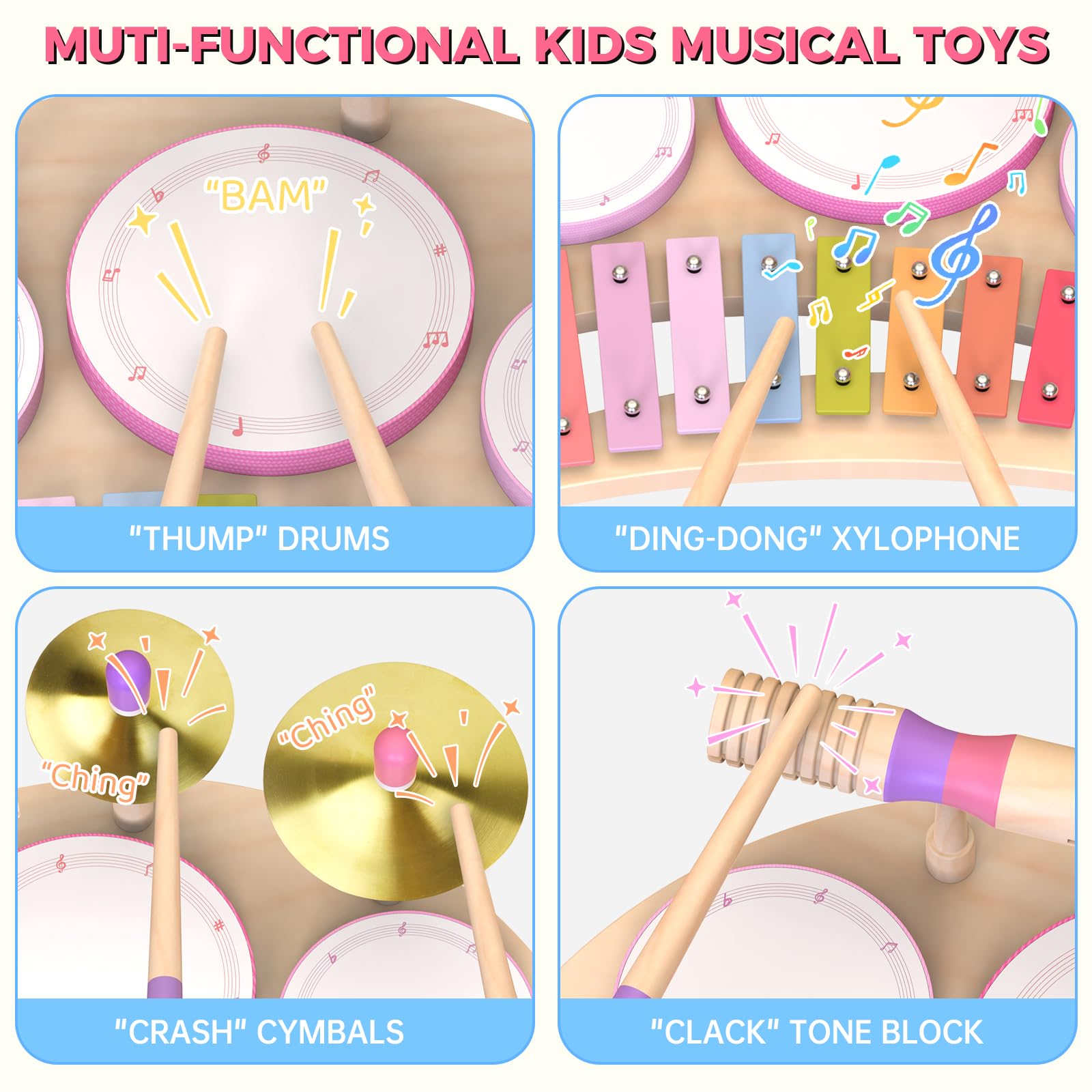 Juego de Tambor Musical para niñas de 1 a 3 años | Montessori Juguete Musical de Madera a Partir de 1 año | Kit de Tambor Infantil con xilófono | Juguete Educativo cumpleaños — view 6
