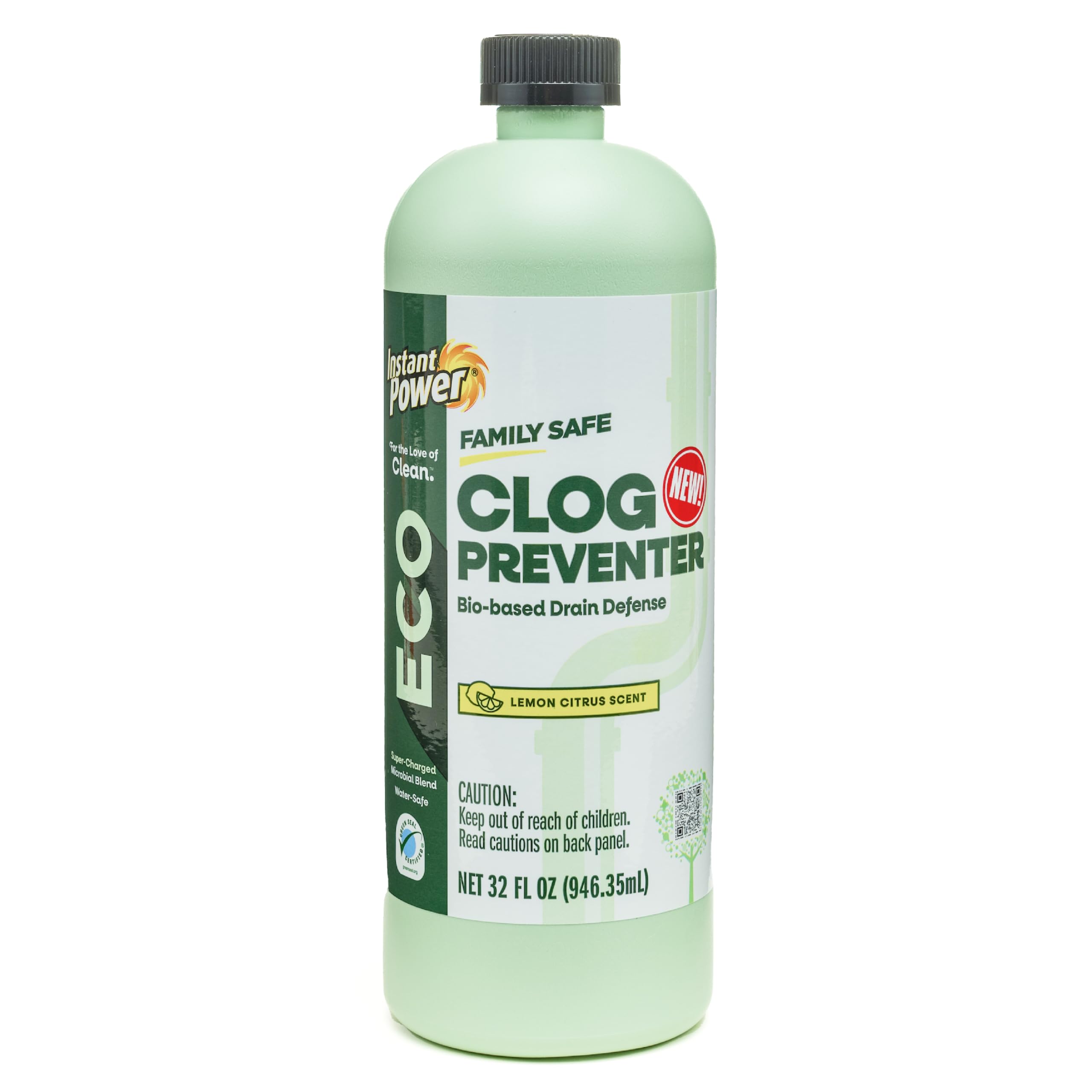 Instant Power Eco Clog Preventer - Enzyme Drain Cleaner Liquid and Deodorizer for Sink, Shower, Toilet, Garbage Disposal Cleaner, Bio-Based Drain Defense, Smell Remover and Odor Eliminator - 32 fl oz
