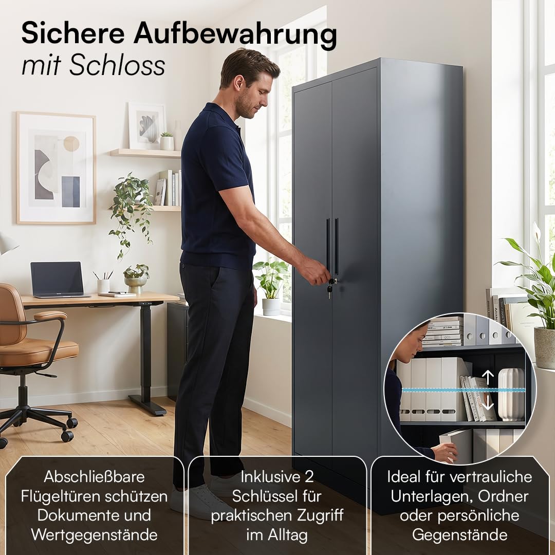 STEELSØN Regulus Metallschrank abschließbar – Stahlschrank mit 5 Ebenen – Werkzeugschrank mit Doppeltüren Anthrazit – Werkstattschrank mit verstellbaren Ablagen – Aktenschrank/Büroschrank Metall