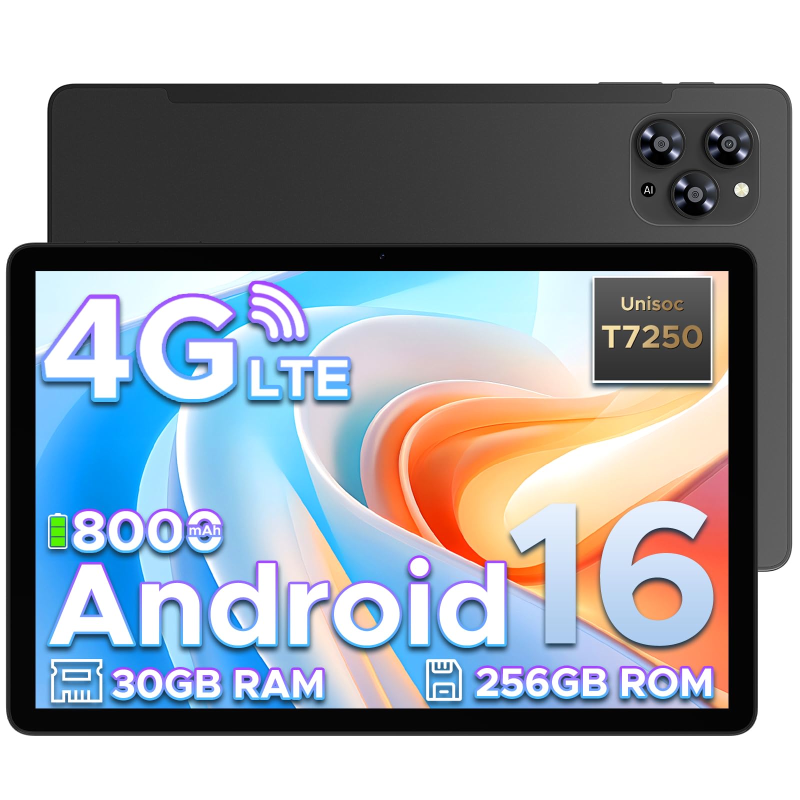 TAB G6 Android 16 Tablet 11 Pollici, 4G LTE 90Hz, 30GB RAM+256GB ROM/TF 2TB, Octa-Core Tablet con Sim, 8000mAh/Gemini AI/Widevine L1/13MP+5MP/OTG/BT5/FACE ID/Doppi altoparlanti/3.5mm Jack-Nero
