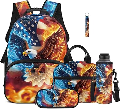 Bulopur Eagle American Flag Print Kids Backpack Boys Elementary School 17 Inch Bookbag With Lunch Bag Water Bottle Holder Keychain Pencil Case 5 Piece Boys Backpack Set School Supplies